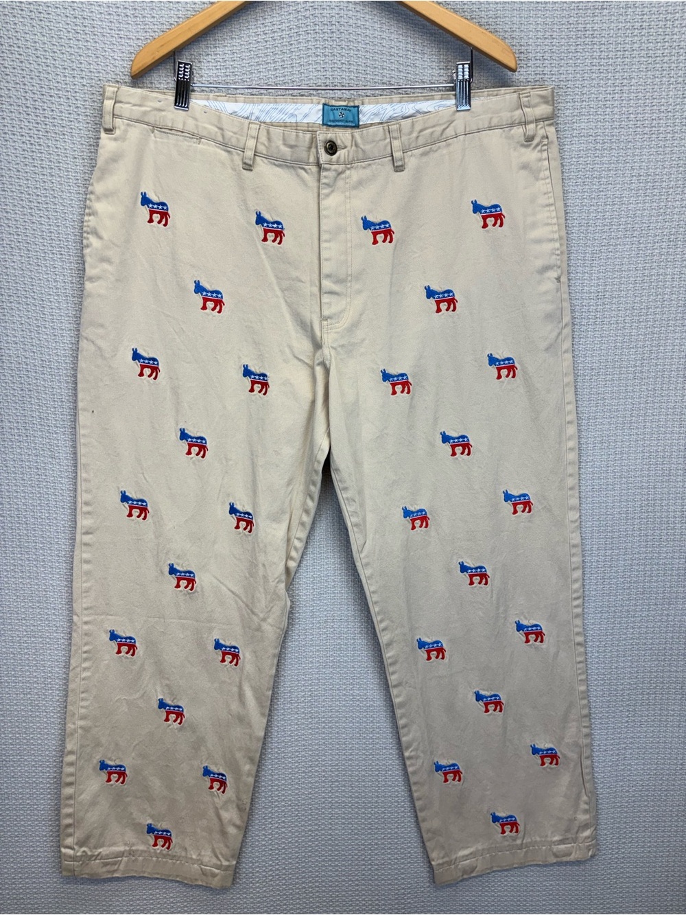Castaway Nantucket Embroidered Democrat Donkey Tan Pants 100% Cotton-42/UF Vote